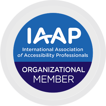 Circular IAAP organizational member logo with blue and dark blue sections and white text