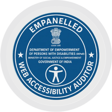 Official seal of the Indian Department of Persons with Disabilities, Ministry of Social Justice & Empowerment, showing the Ashoka emblem and text 'Empanelled Web Accessibility Auditor'.